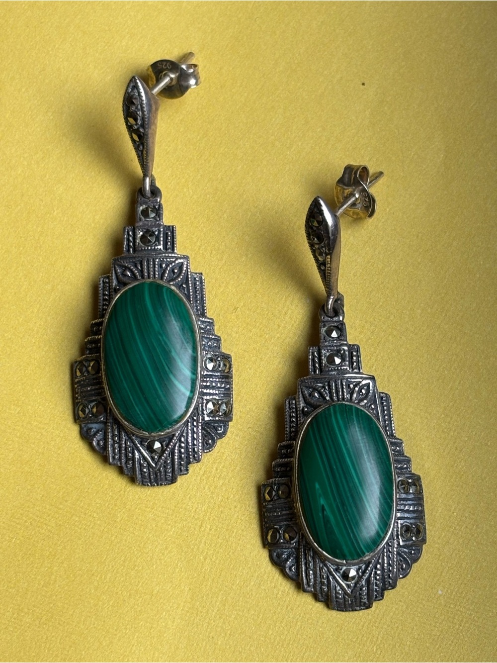 An Art Deco Style Silver Drop Earrings with Malachite Cabochons and marcasites